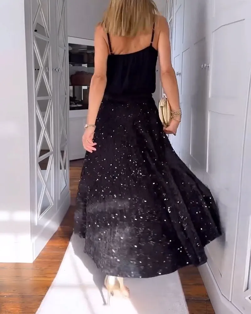 Elegant pleated velvet sequined skirt