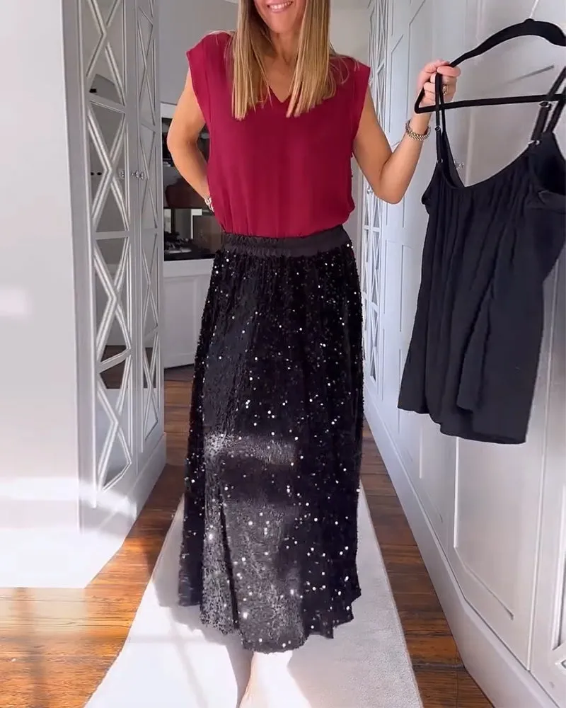 Elegant pleated velvet sequined skirt