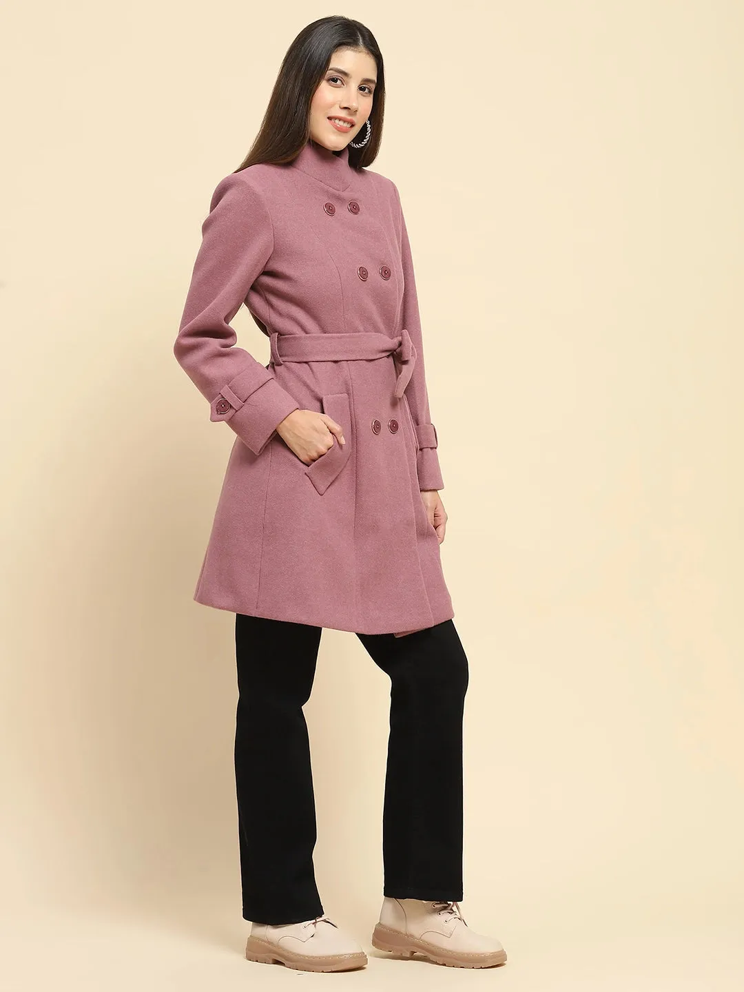 Falsa Poly Blend Solid Regular Fit Long Coat For Winter