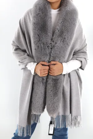 Faux fur trim wrap with Embellishments-Grey