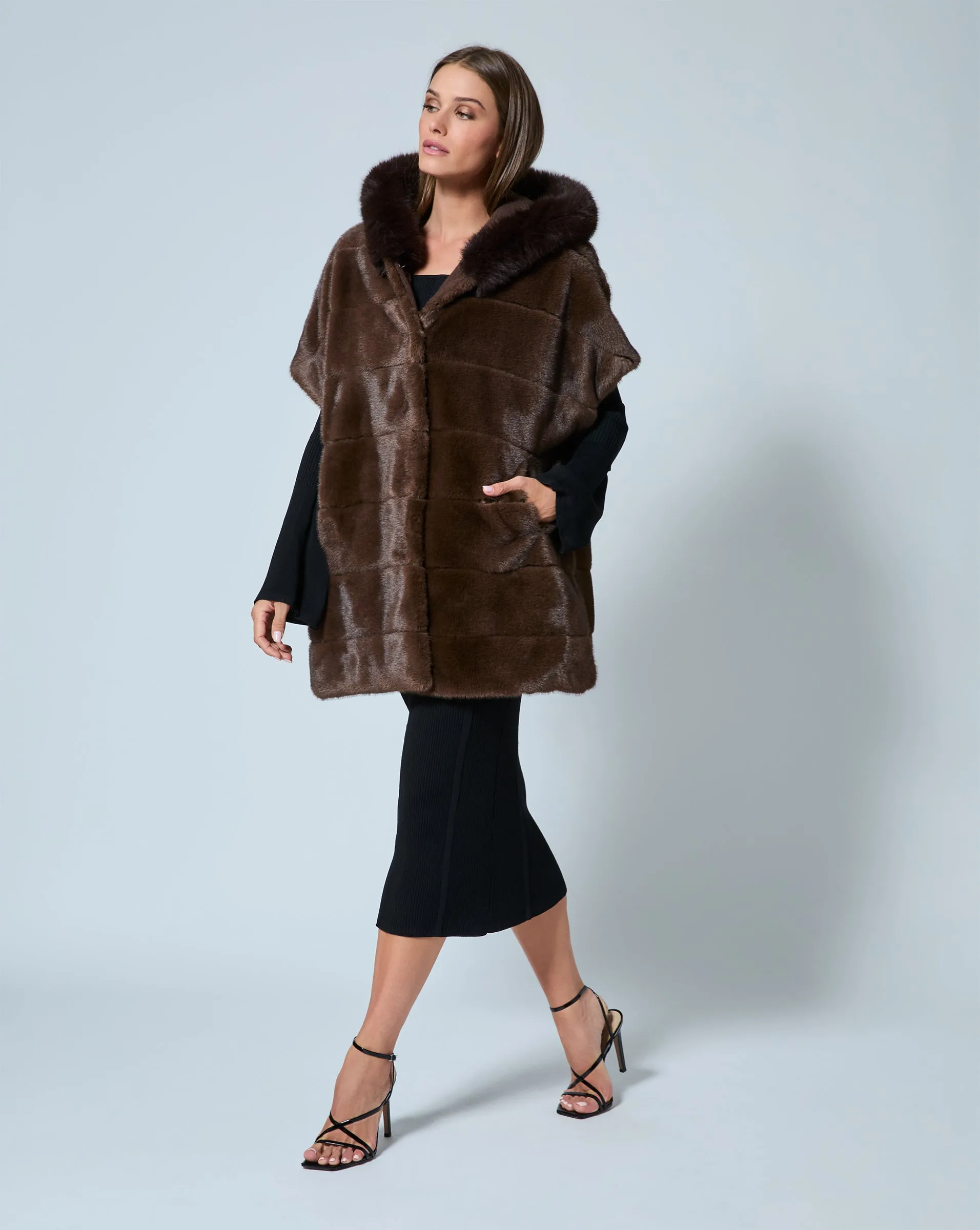 Faux Mink Fur Hooded Cape Jacket