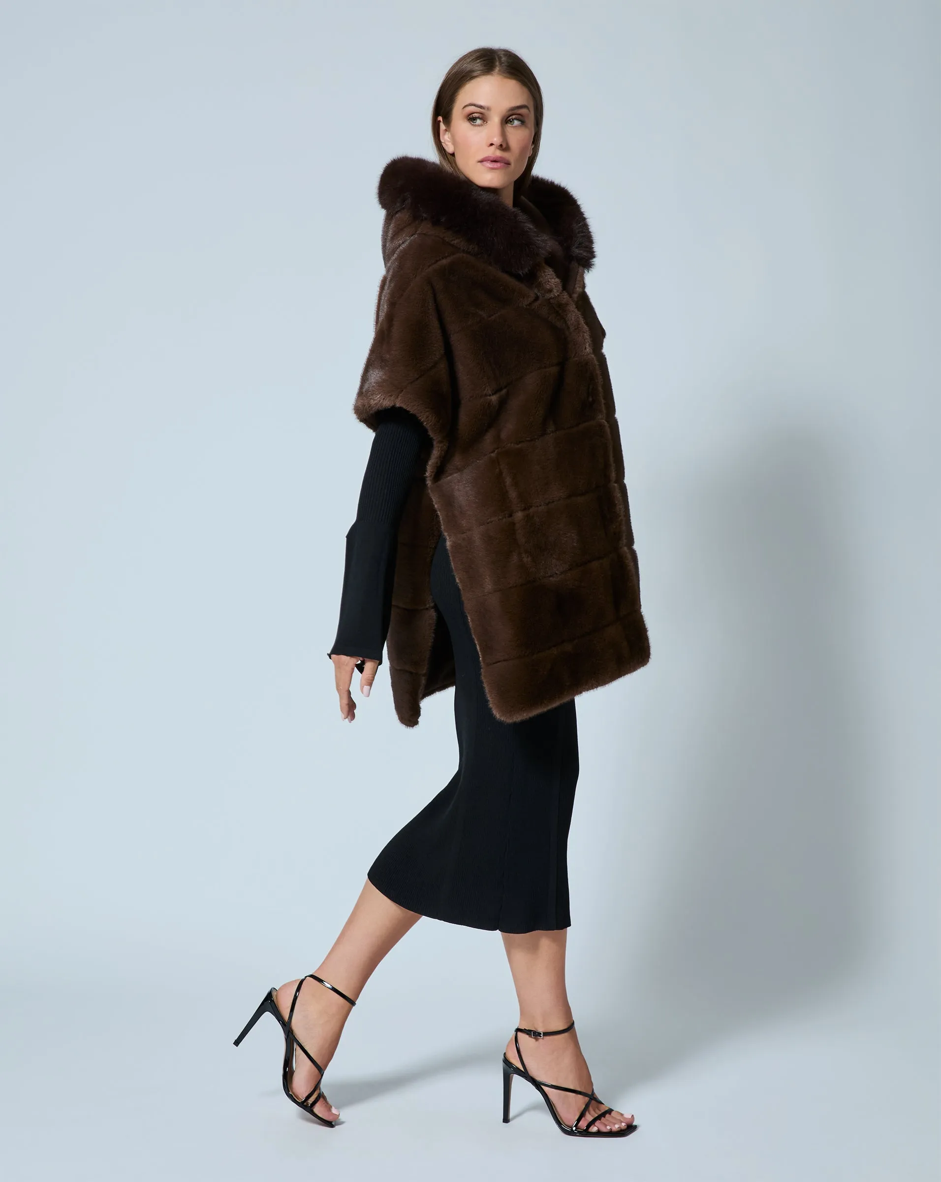 Faux Mink Fur Hooded Cape Jacket