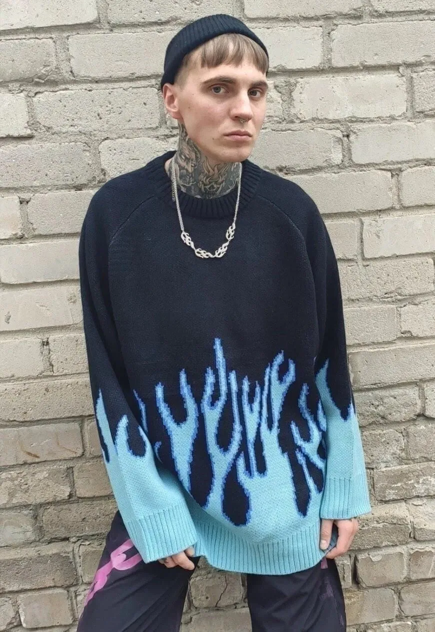 Flame print sweater fire knitted Korean jumper in black blue