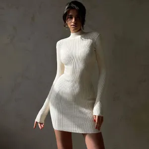 Flattering High Neck Long Sleeve Bodycon Mini Rib White Knit Sweater Dress