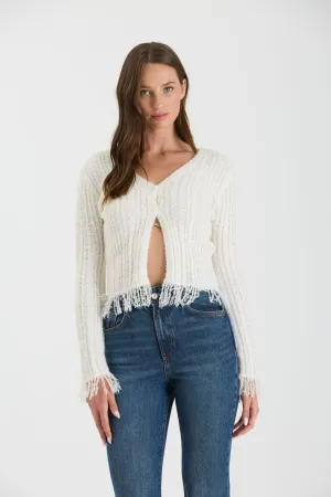 FRINGE V NECK BUTTON FRONT KNIT CARDIGAN