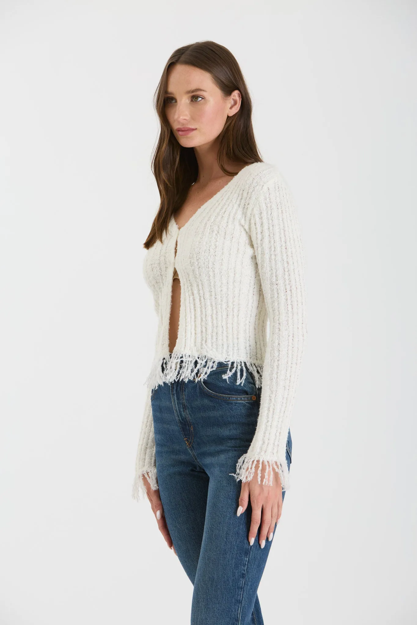 FRINGE V NECK BUTTON FRONT KNIT CARDIGAN