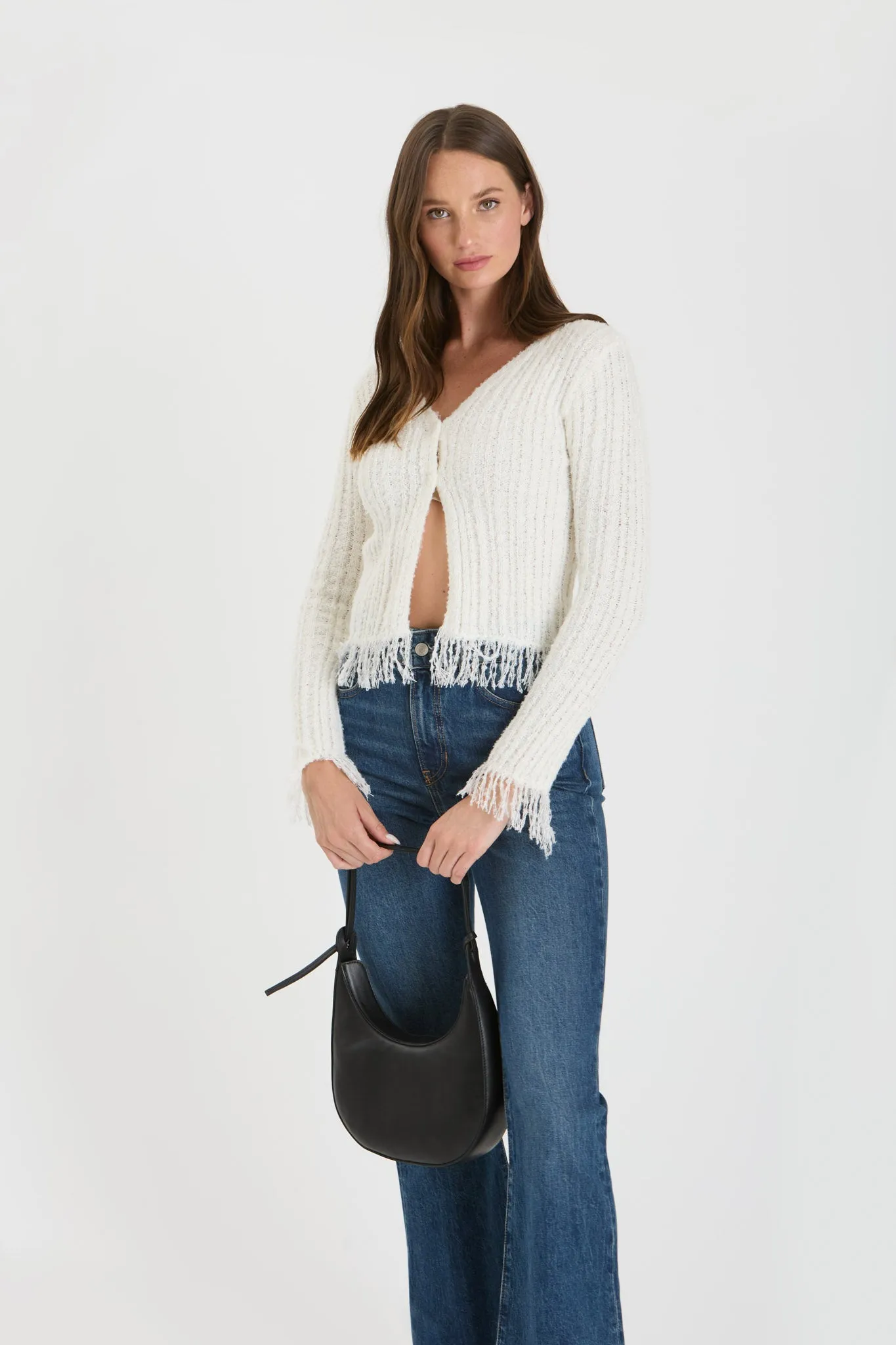 FRINGE V NECK BUTTON FRONT KNIT CARDIGAN