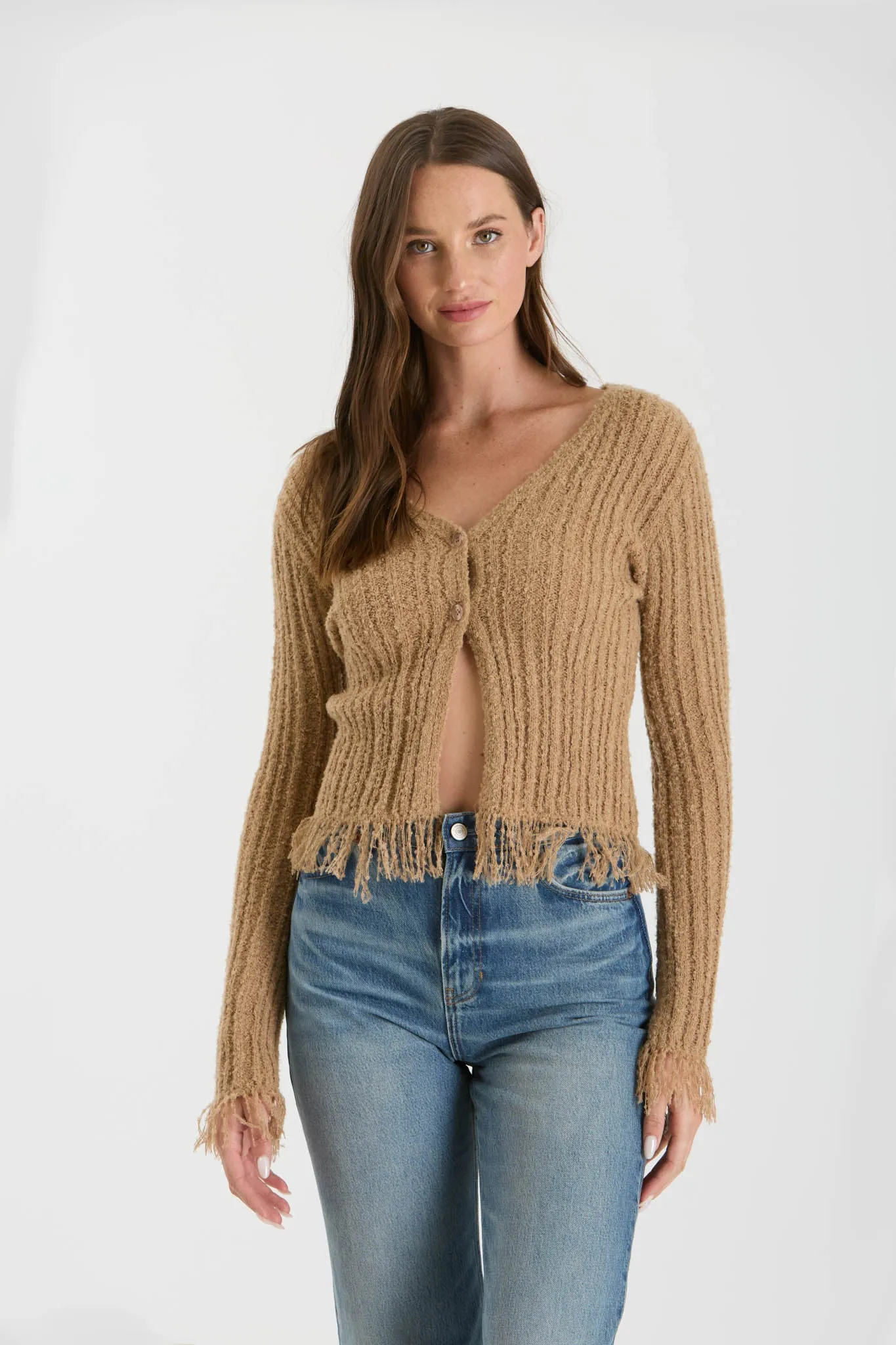 FRINGE V NECK BUTTON FRONT KNIT CARDIGAN