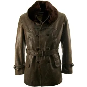 Fur Collar Vintage Leather Pea Coat