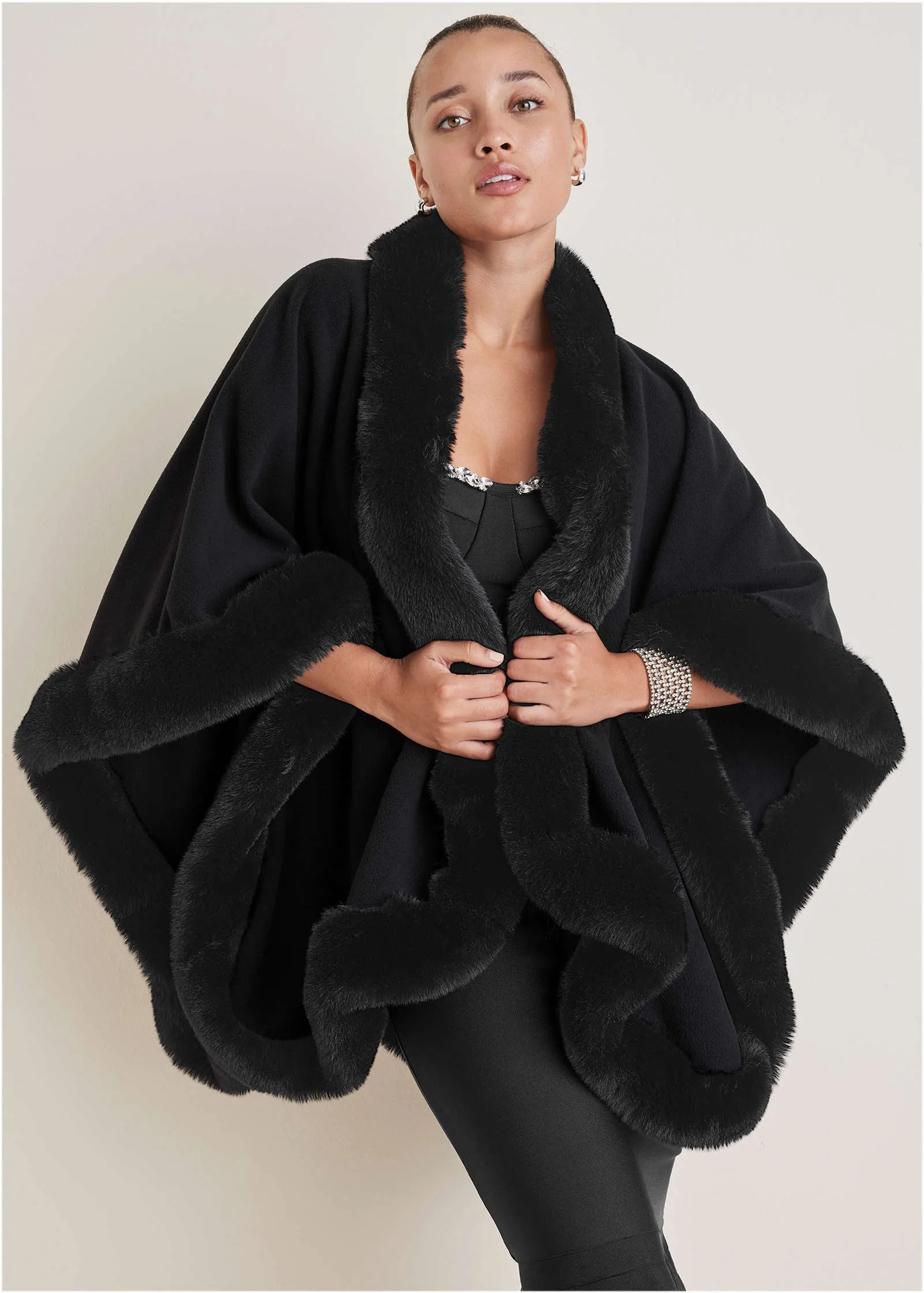 Fur Trim Wrap Shawl - Black