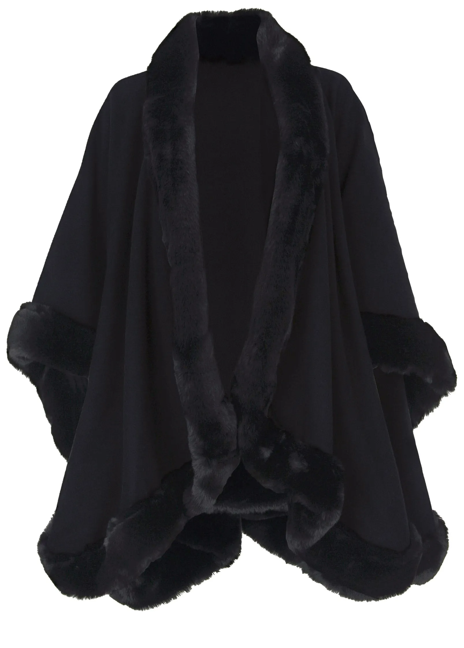 Fur Trim Wrap Shawl - Black