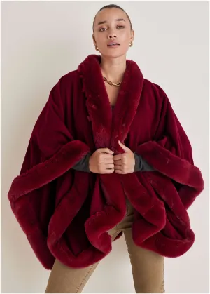 Fur Trim Wrap Shawl - Red