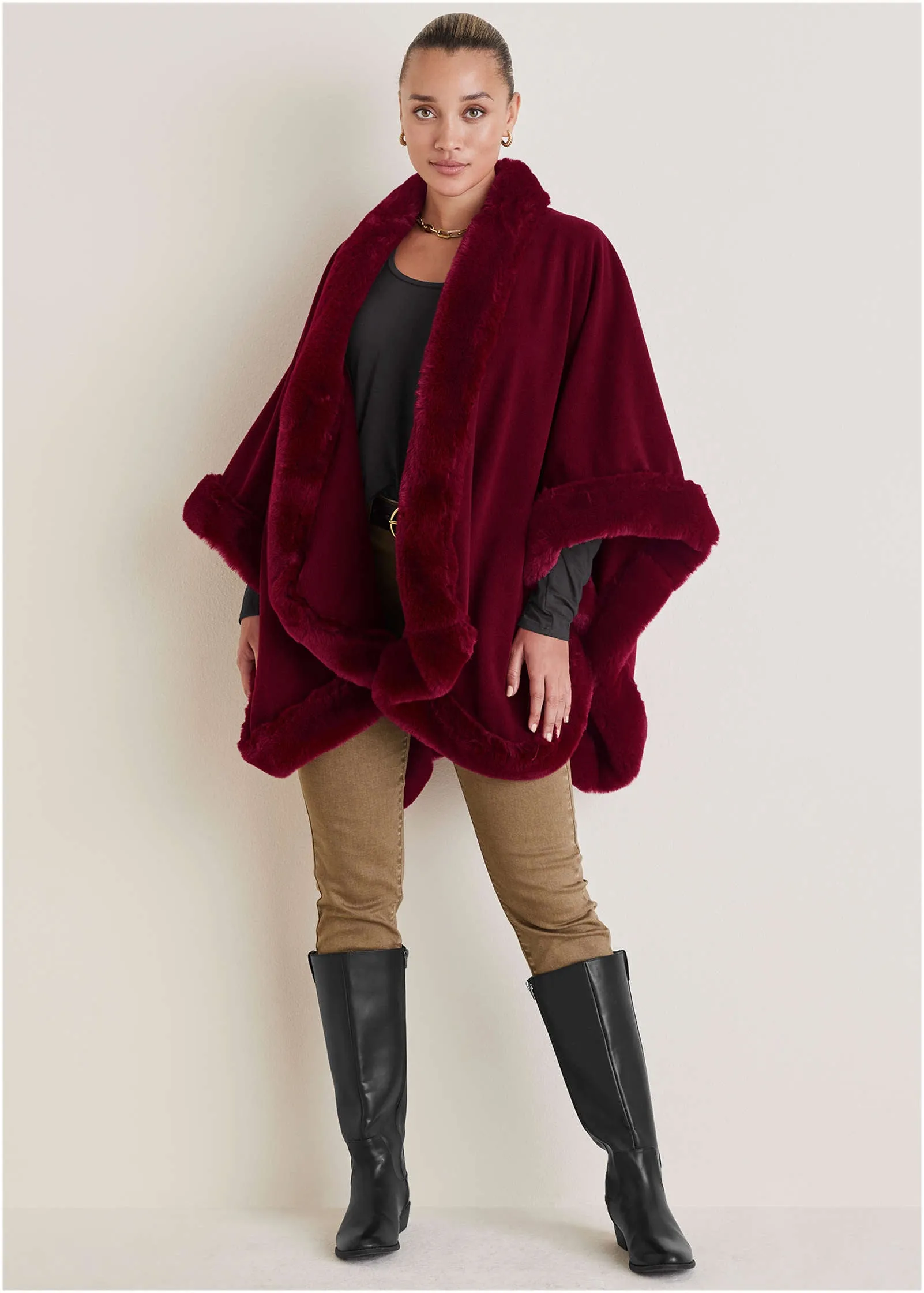 Fur Trim Wrap Shawl - Red