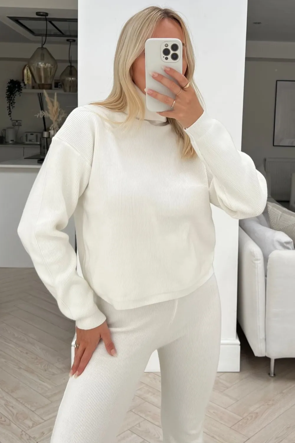 Gracie cream roll neck ribbed knitted flared loungeset