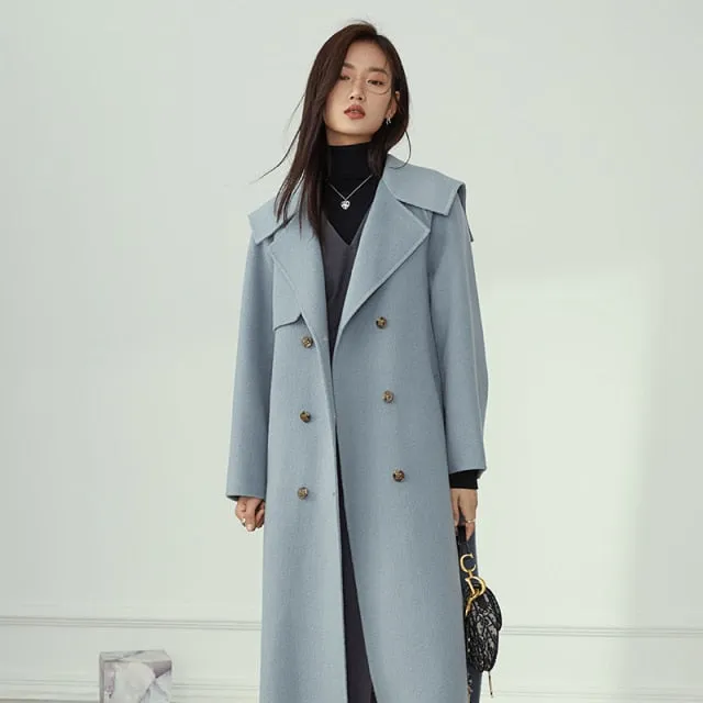 Gray Long Elegant Wram Wool Coat Women Double Breasted Winter Coat Jacket Vintage Cashmere Female Trench Blend Coat