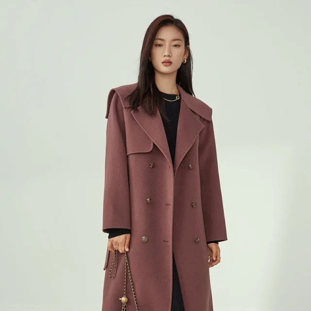 Gray Long Elegant Wram Wool Coat Women Double Breasted Winter Coat Jacket Vintage Cashmere Female Trench Blend Coat