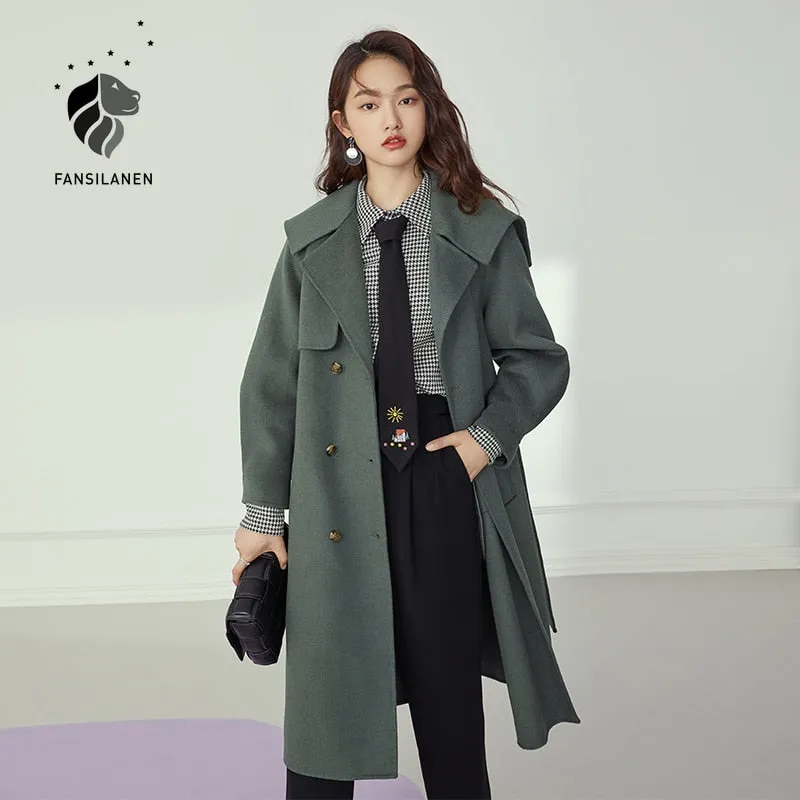 Gray Long Elegant Wram Wool Coat Women Double Breasted Winter Coat Jacket Vintage Cashmere Female Trench Blend Coat