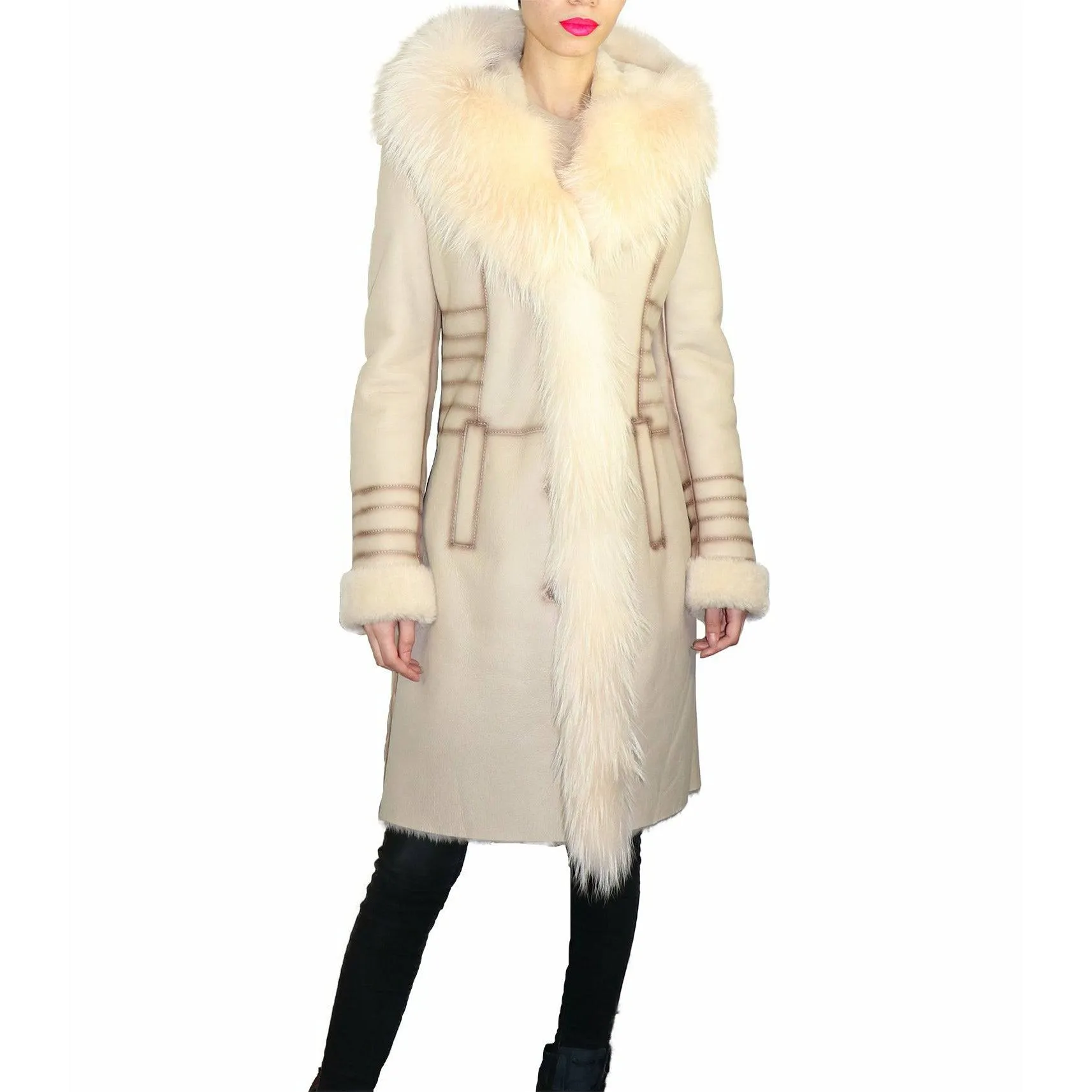 Grecia Women's Sheepskin Shearling Coat with Fox Trim