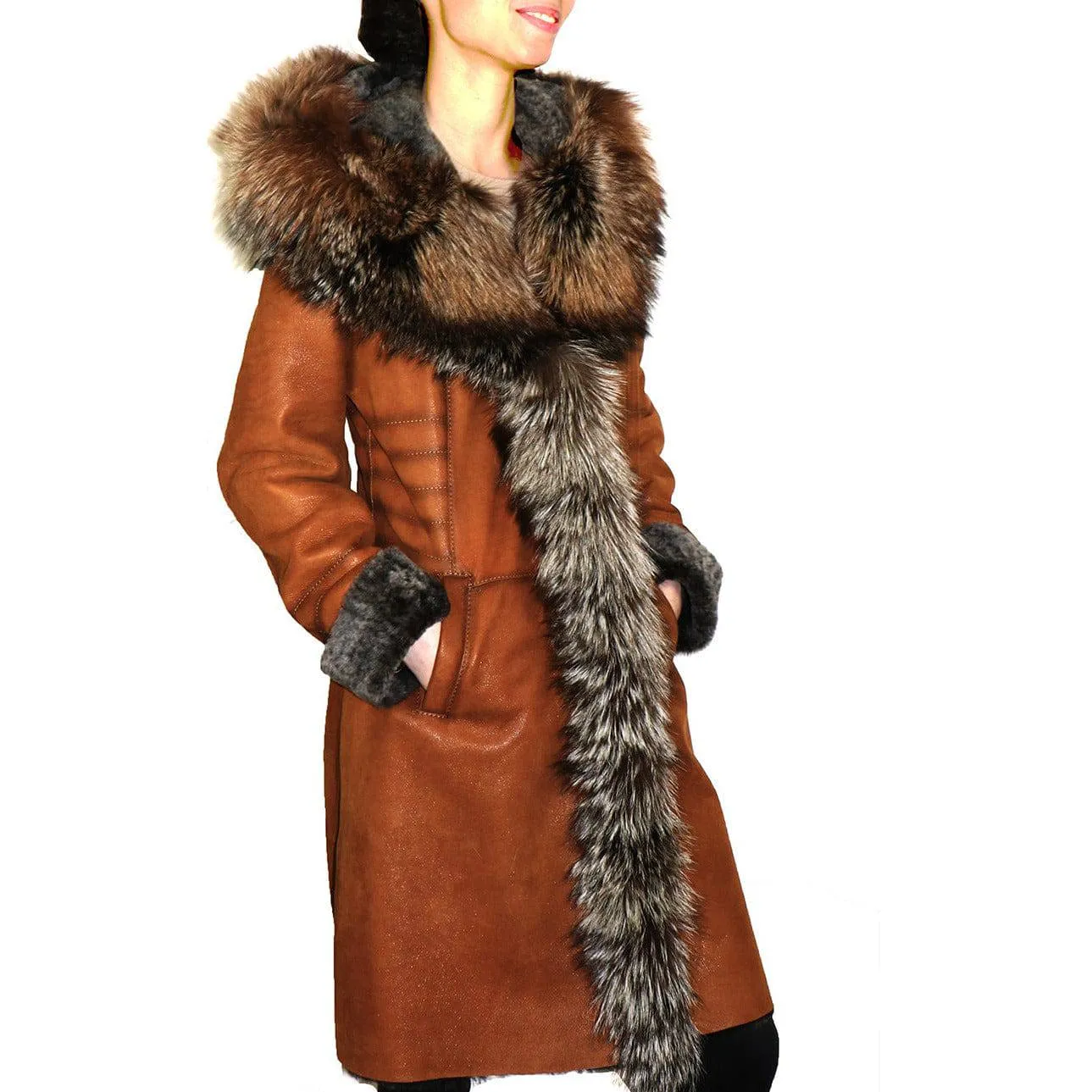 Grecia Women's Sheepskin Shearling Coat with Fox Trim