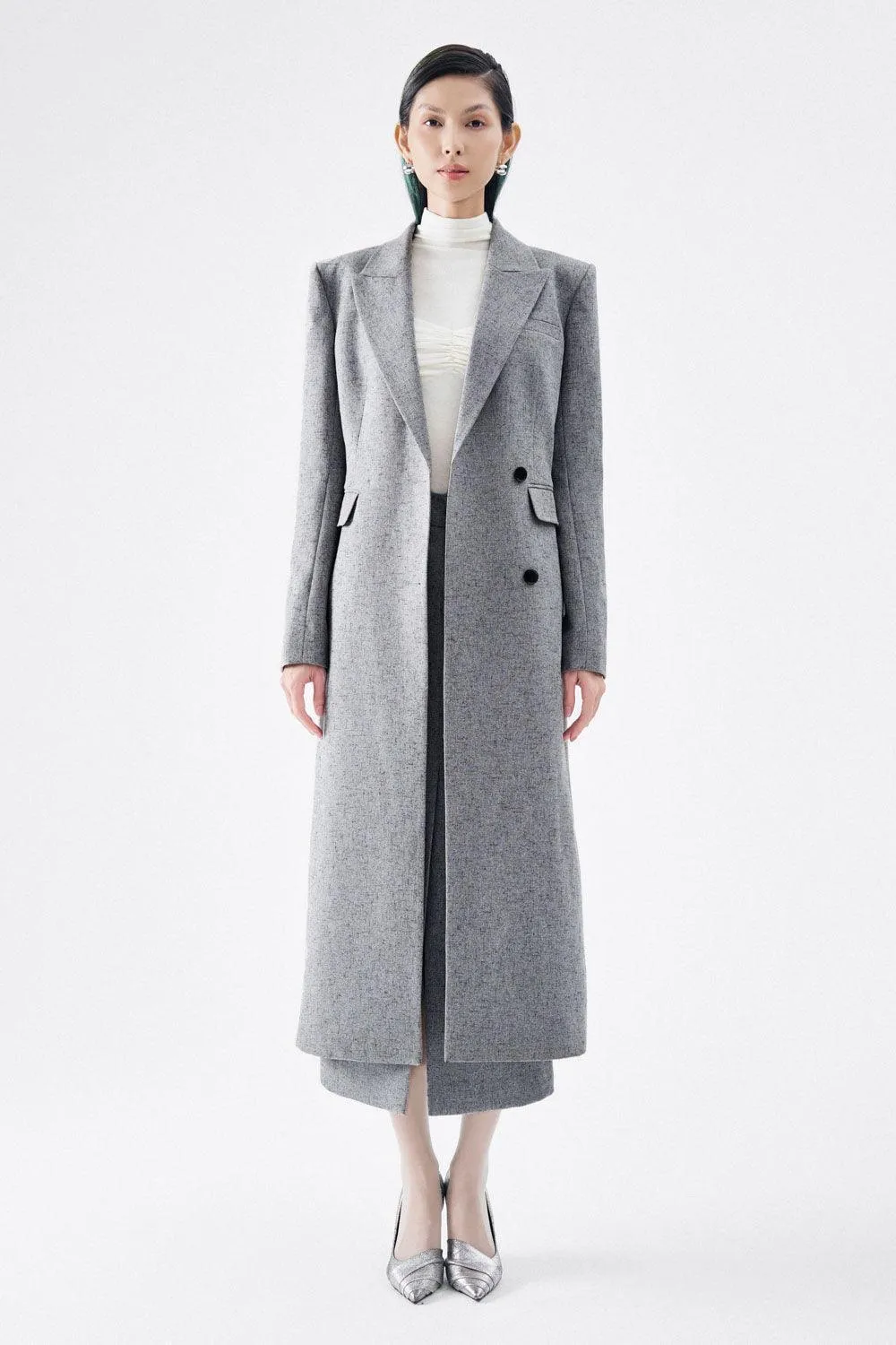 Harper Straight Peak Lapel Wool Blend Trench Coat