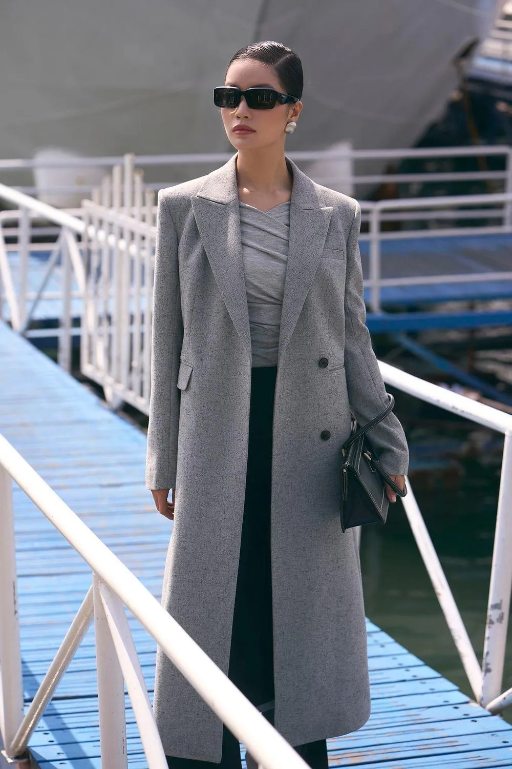 Harper Straight Peak Lapel Wool Blend Trench Coat