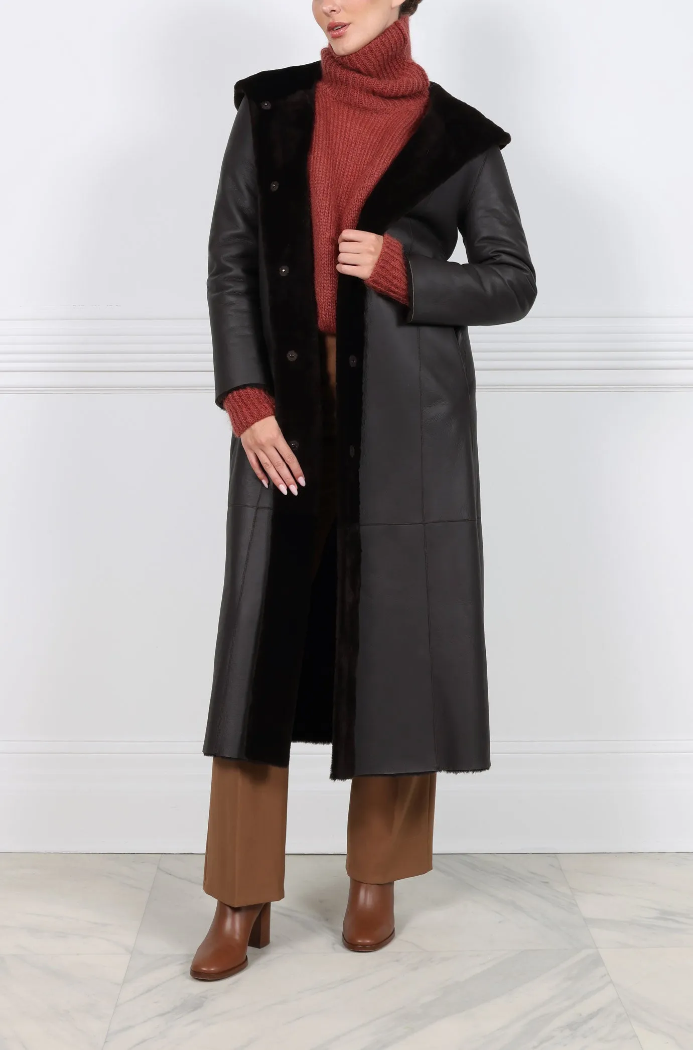 Hooded Reversible Merino Shearling Coat