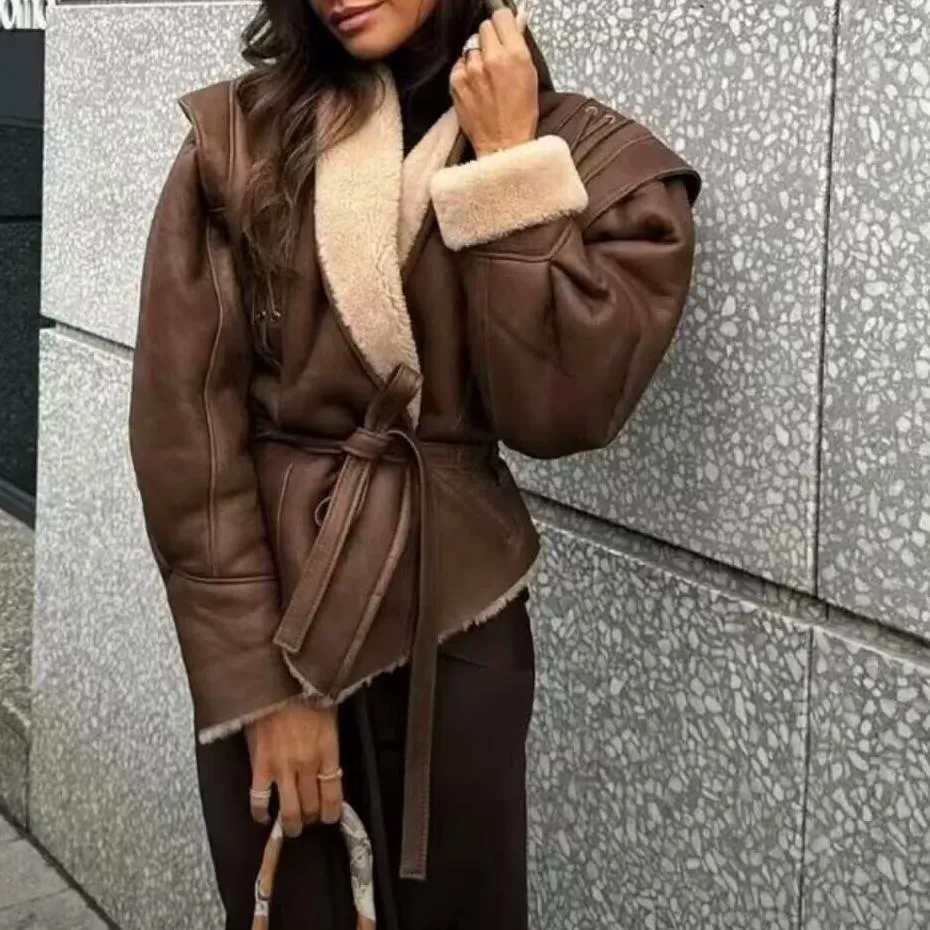 Isabella Luxe Shearling-Trimmed Leather Wrap Coat