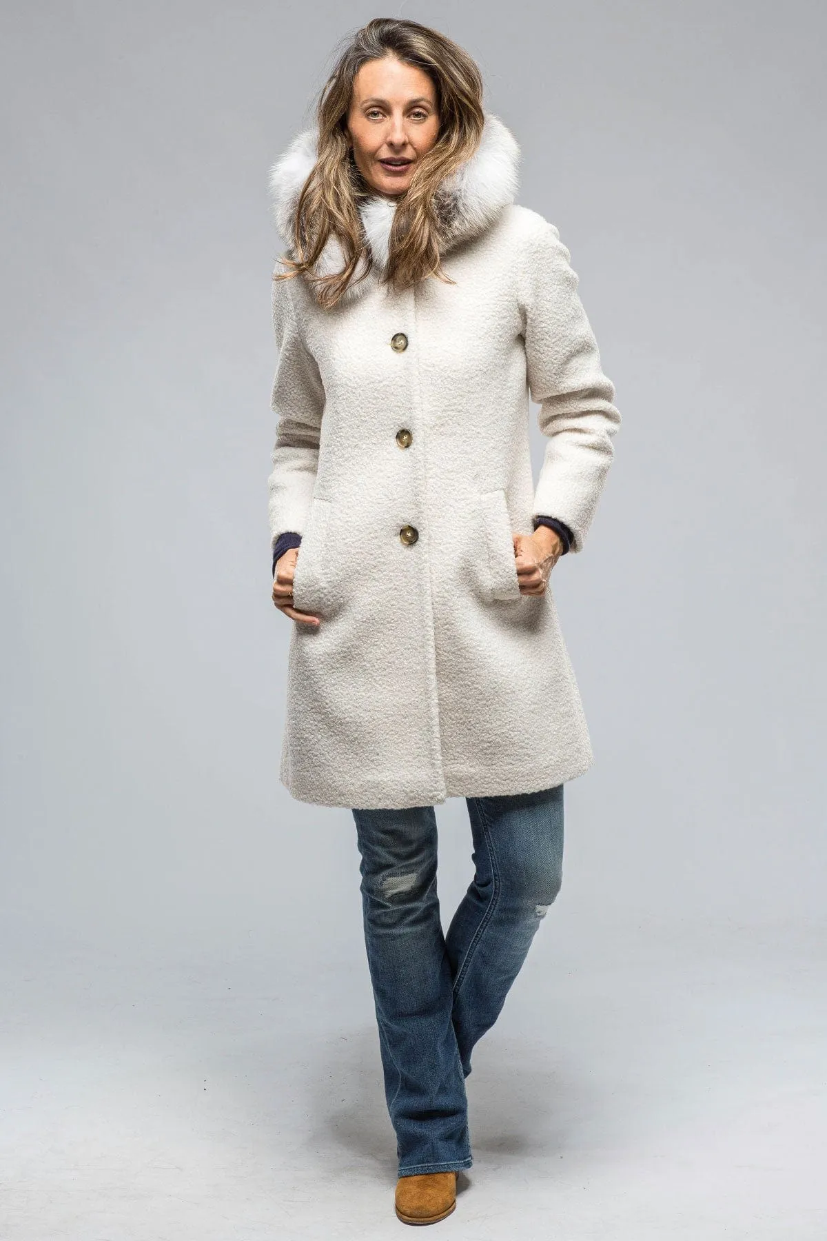 Ivana Wool Coat With Fur Lined Hood in Ivory