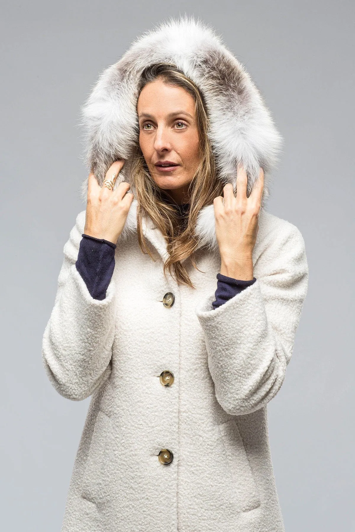 Ivana Wool Coat With Fur Lined Hood in Ivory