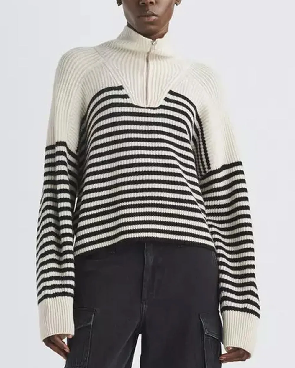 Ivory Stripe Cashmere Pierce Quarter Zip Pullover