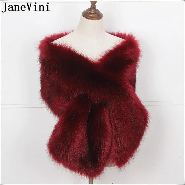 JaneVini Winter Bridal Cape Wedding Cloak Faux Fur Stola White Red Bride Capes Wraps Women Formal Dress Shawls Boleros Stoles