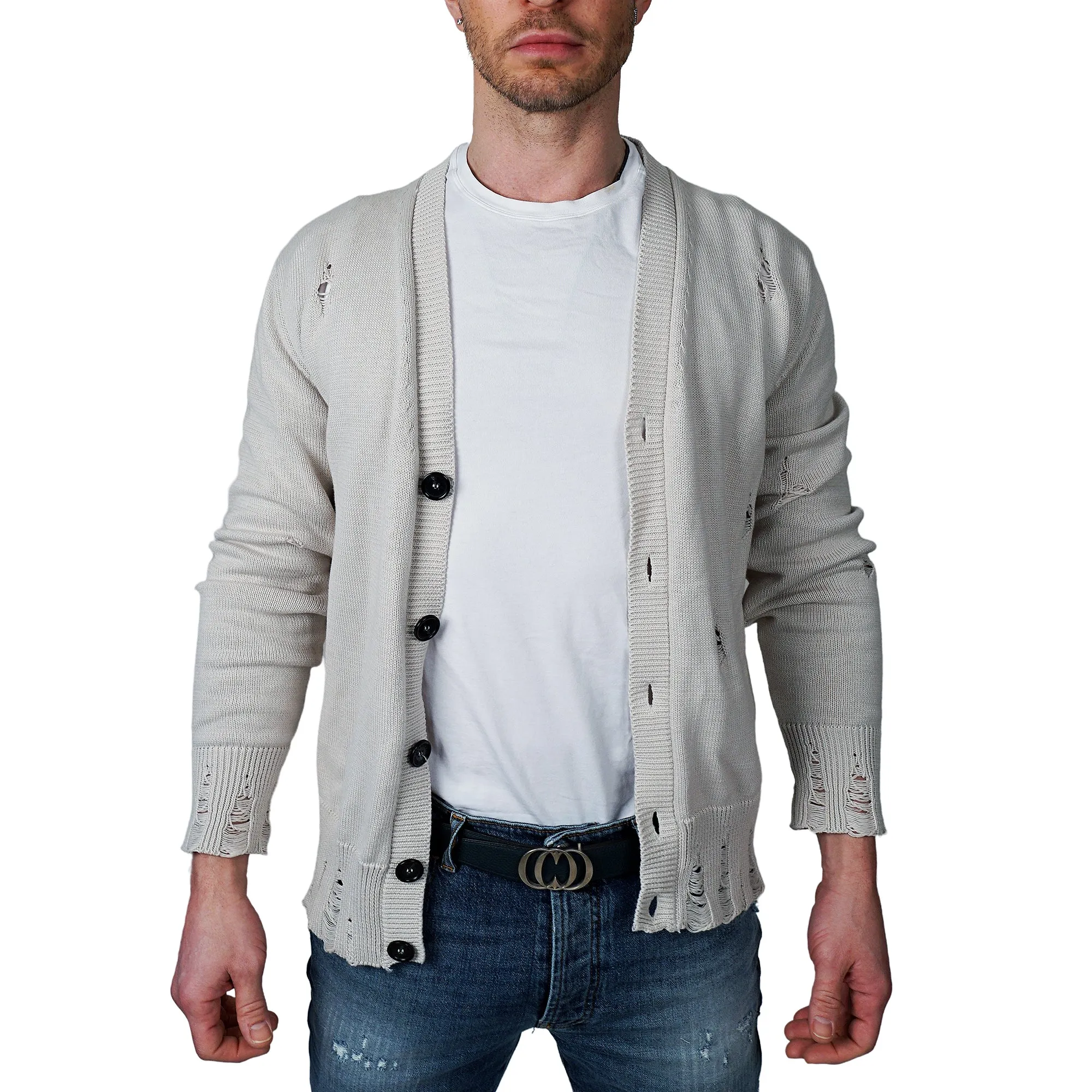 John Richmond - "VANADIS" Distressed Knit Cardigan in Bone