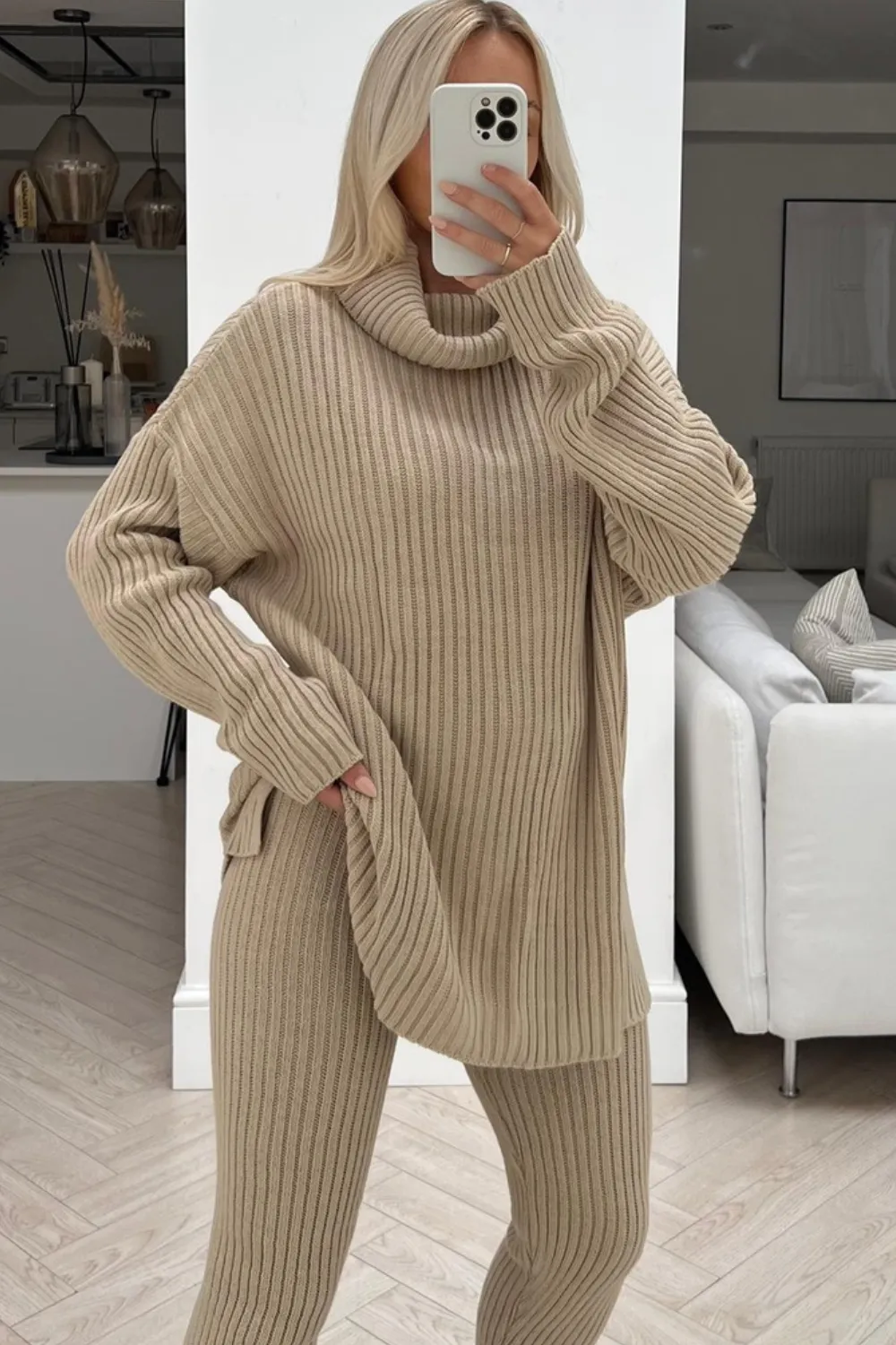 Keevah beige roll neck knitted ribbed coord