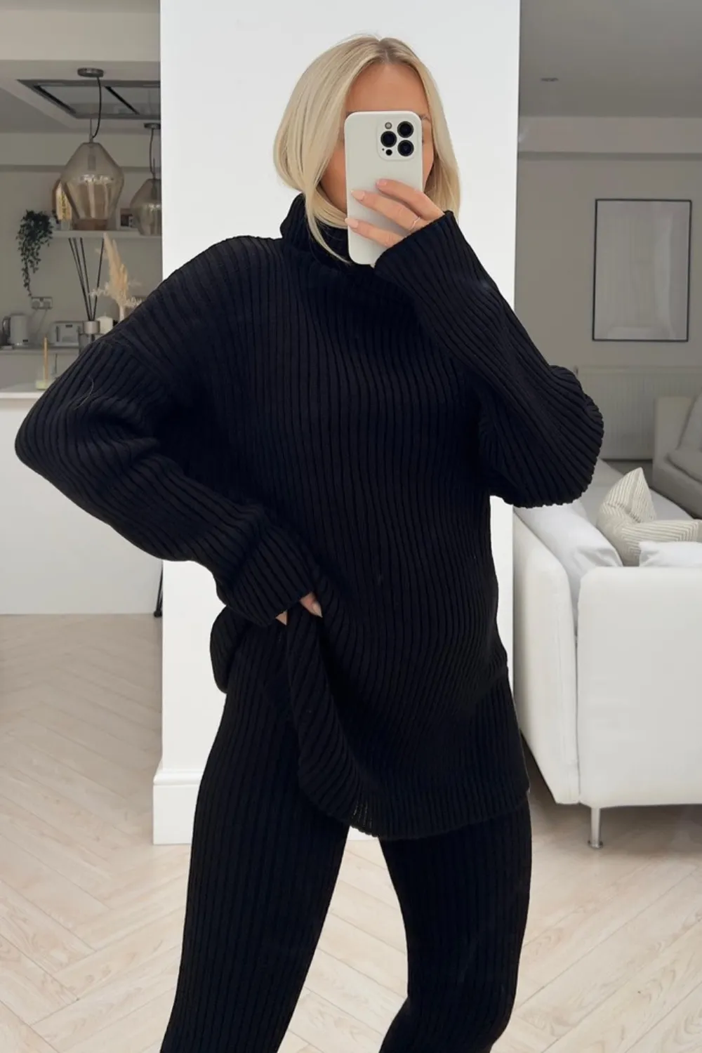 Keevah black roll neck knitted ribbed coord