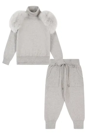 Knitted sweater set with fur shoulder - GREY