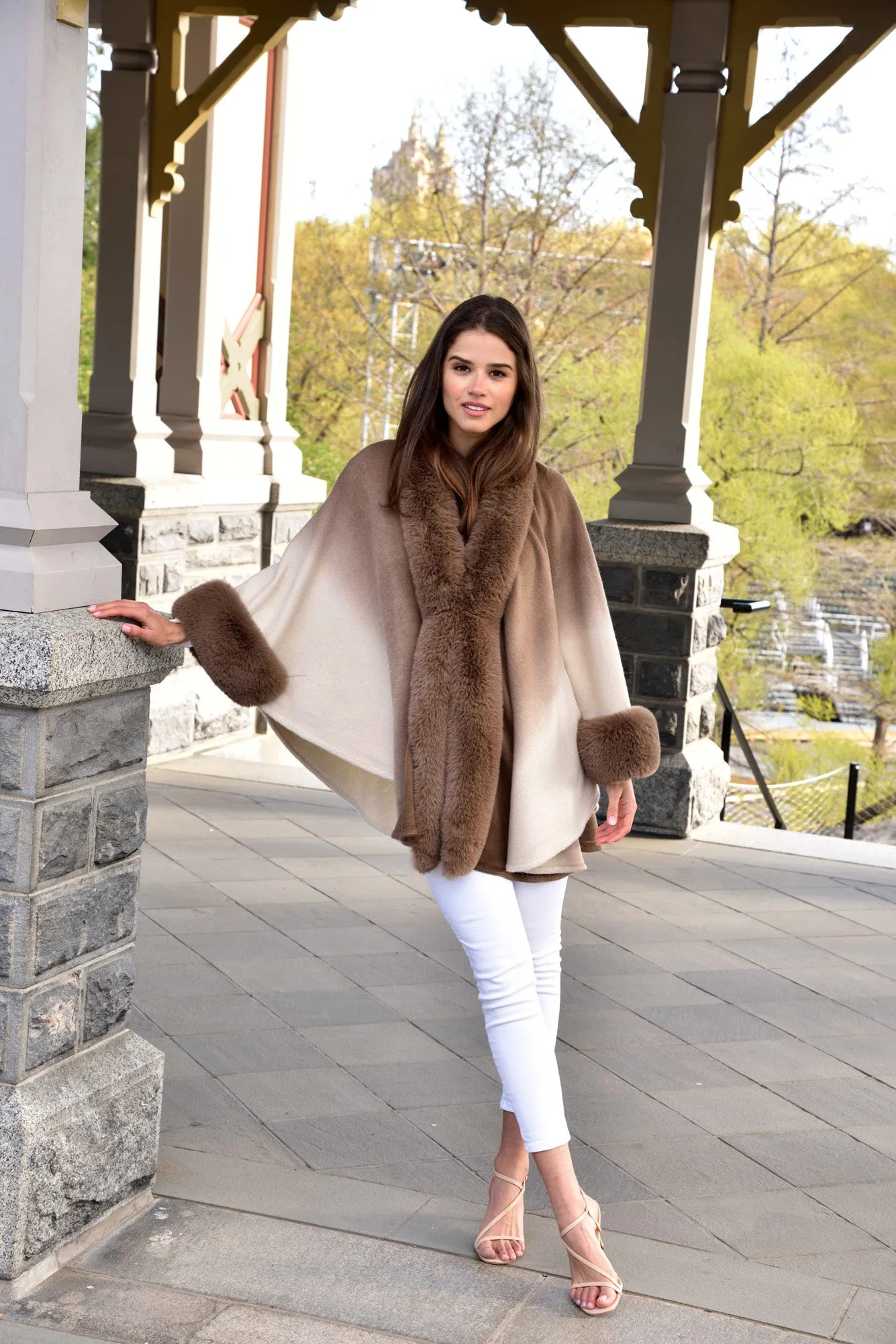 La Fiorentina Ombre Cape with Faux Trim - Camel