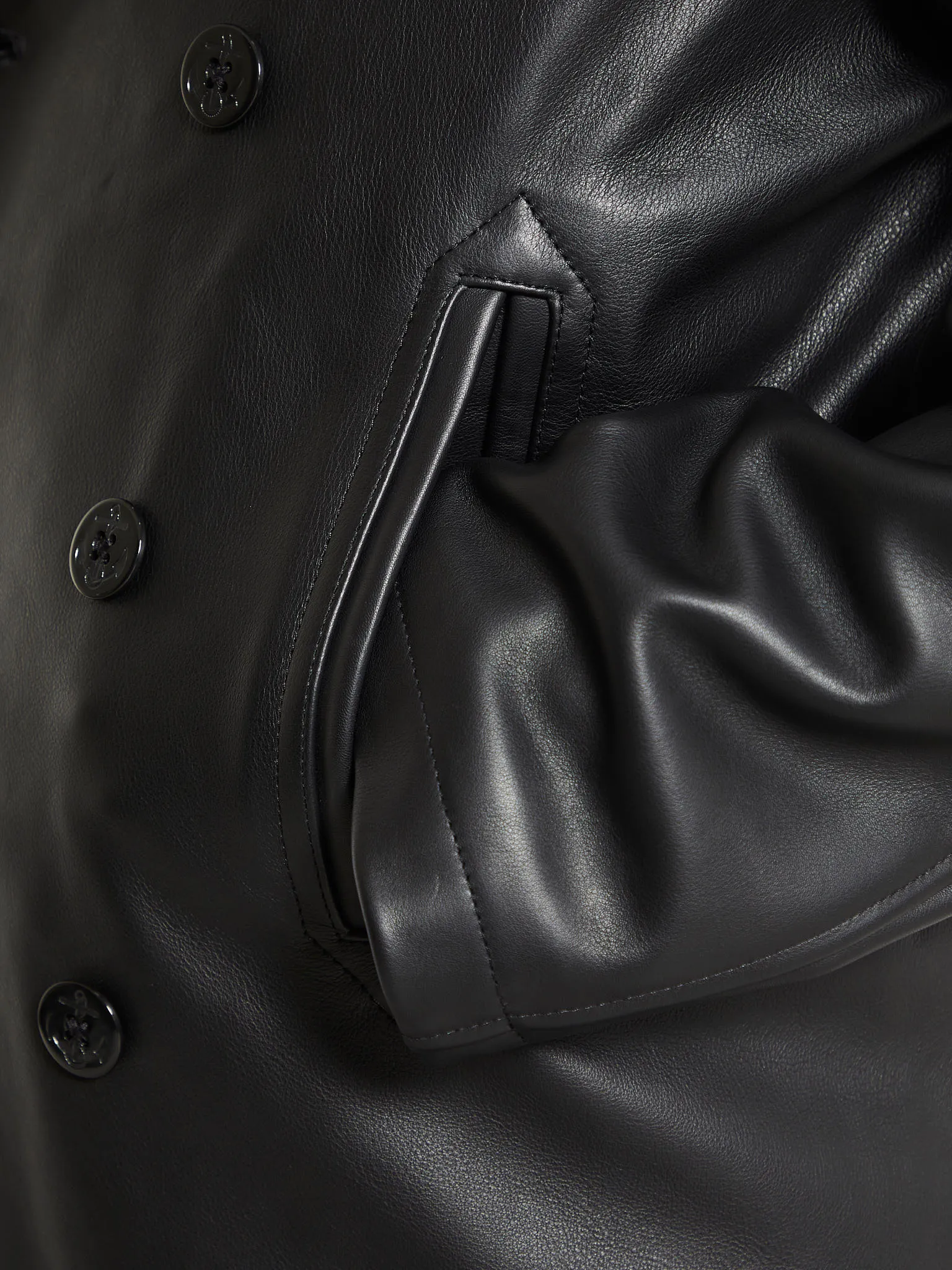 Leather Peacoat with Cashball Fill in Black