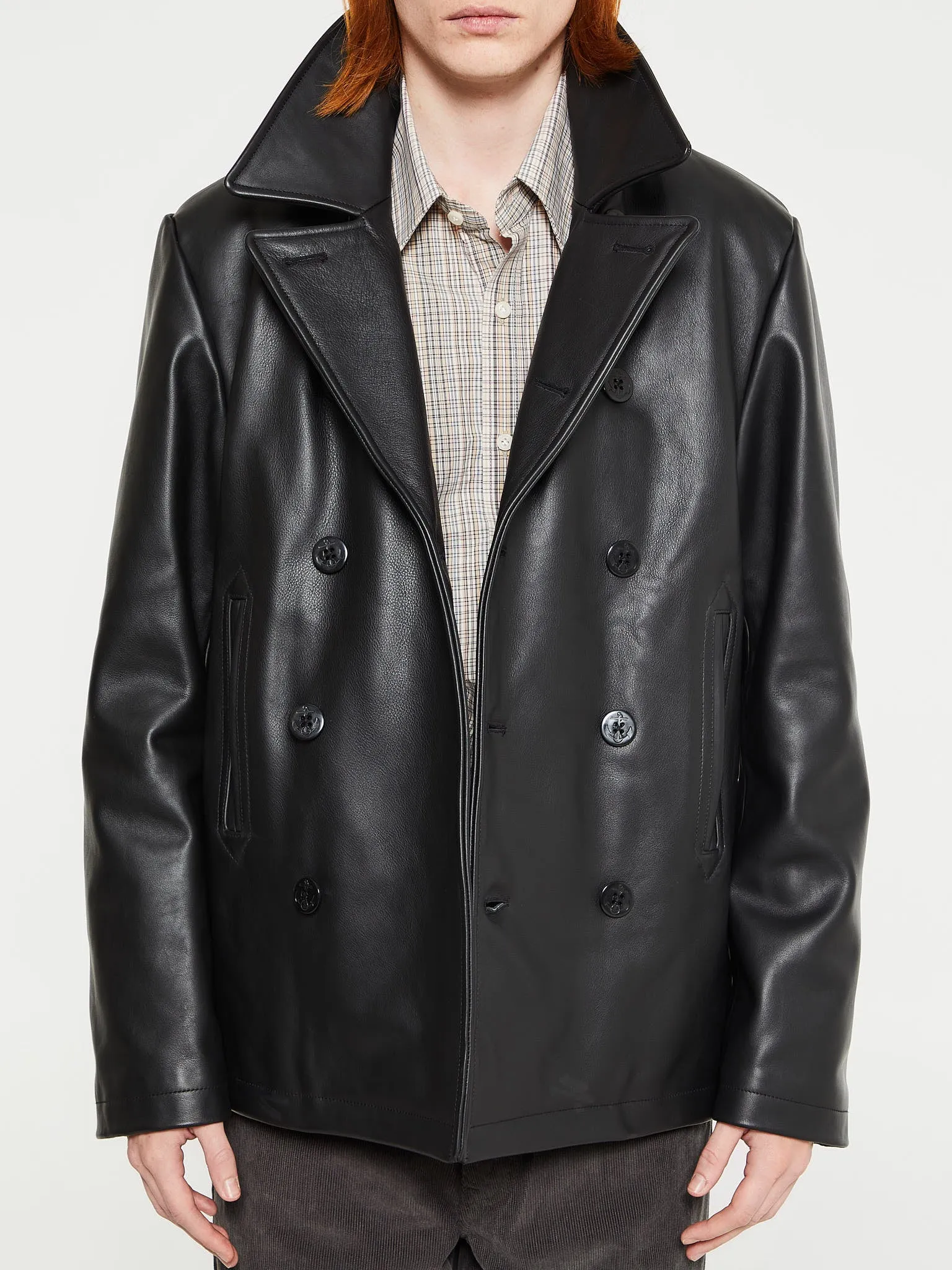 Leather Peacoat with Cashball Fill in Black