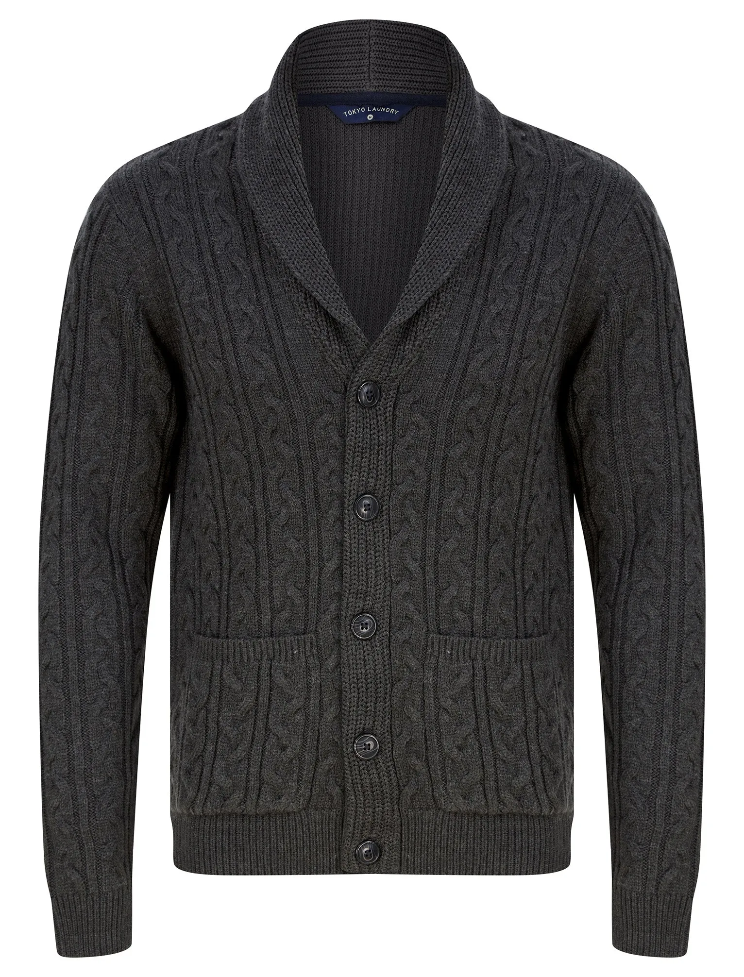 Manji 2 Chunky Cable Knitted Cardigan with Shawl Collar in Charcoal Marl - Tokyo Laundry