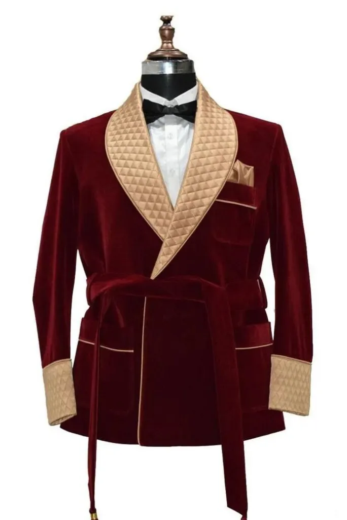 Men's Maroon smoking Jacket For Men, Quilted smoking jacket, Slim fit party wear robes smoking jacket, Vintage Smoking Jacket, Gift For Him.