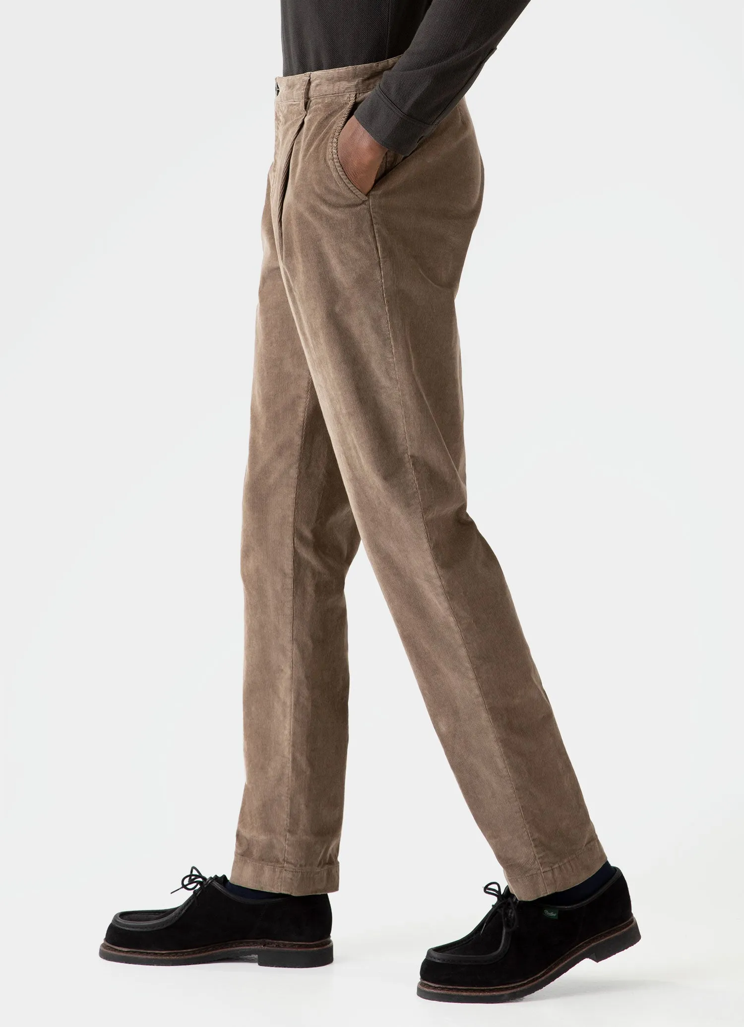 Men's Pleated Corduroy Trouser in Dark Stone