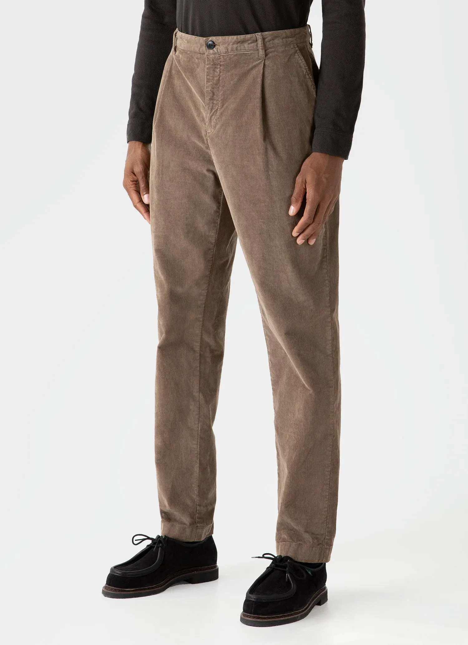 Men's Pleated Corduroy Trouser in Dark Stone