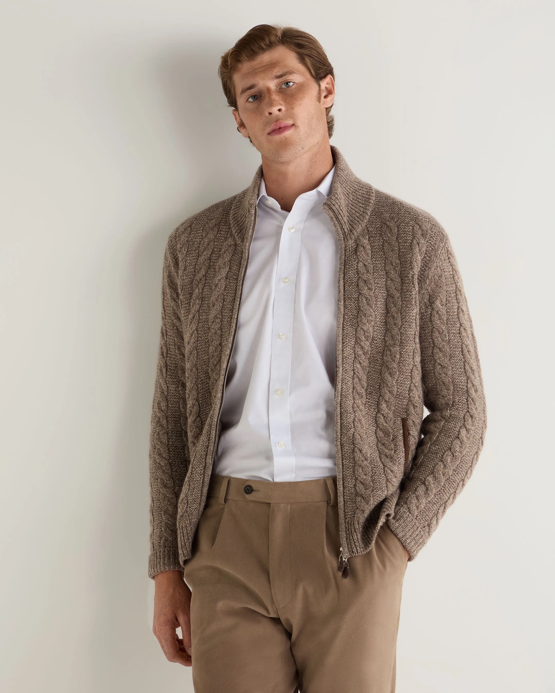 Men's Richmond Cable Cashmere Cardigan Heather Hazel Brown