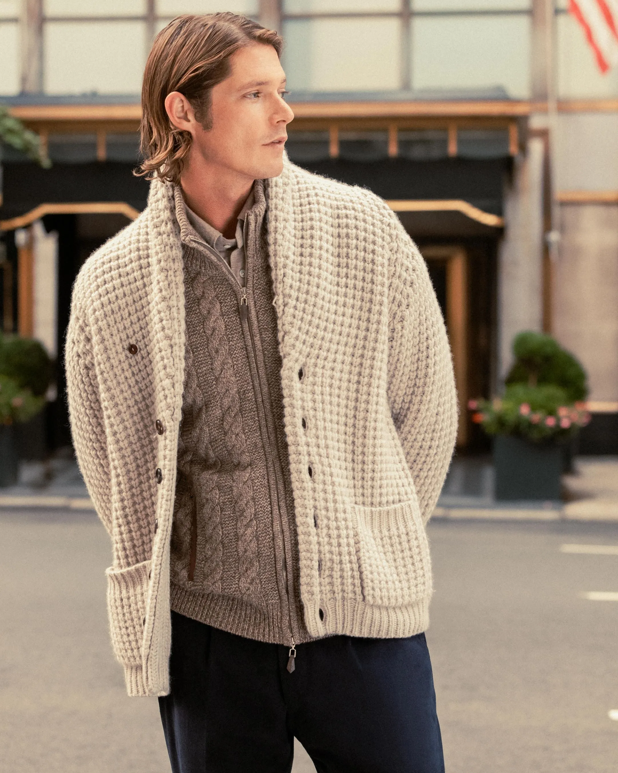 Men's Richmond Cable Cashmere Cardigan Heather Hazel Brown