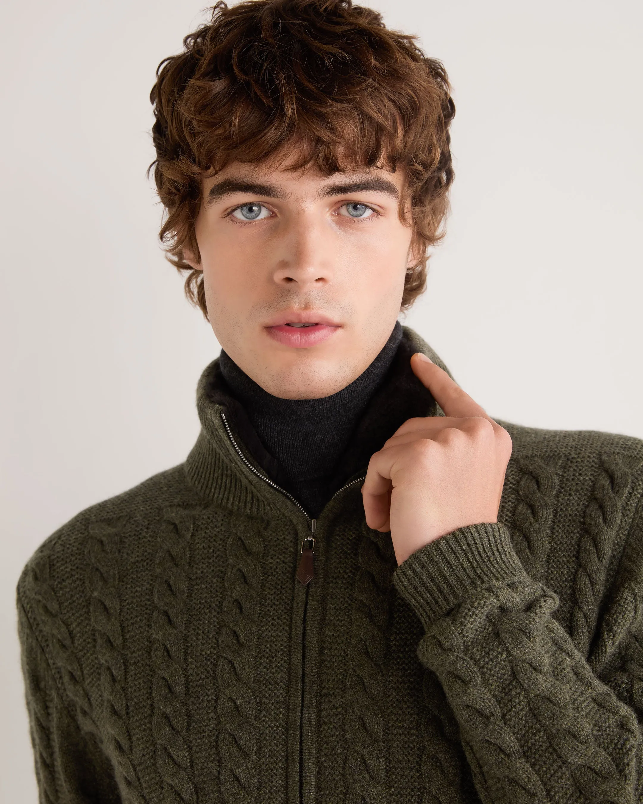 Men's Richmond Cable Cashmere Cardigan Moss Green