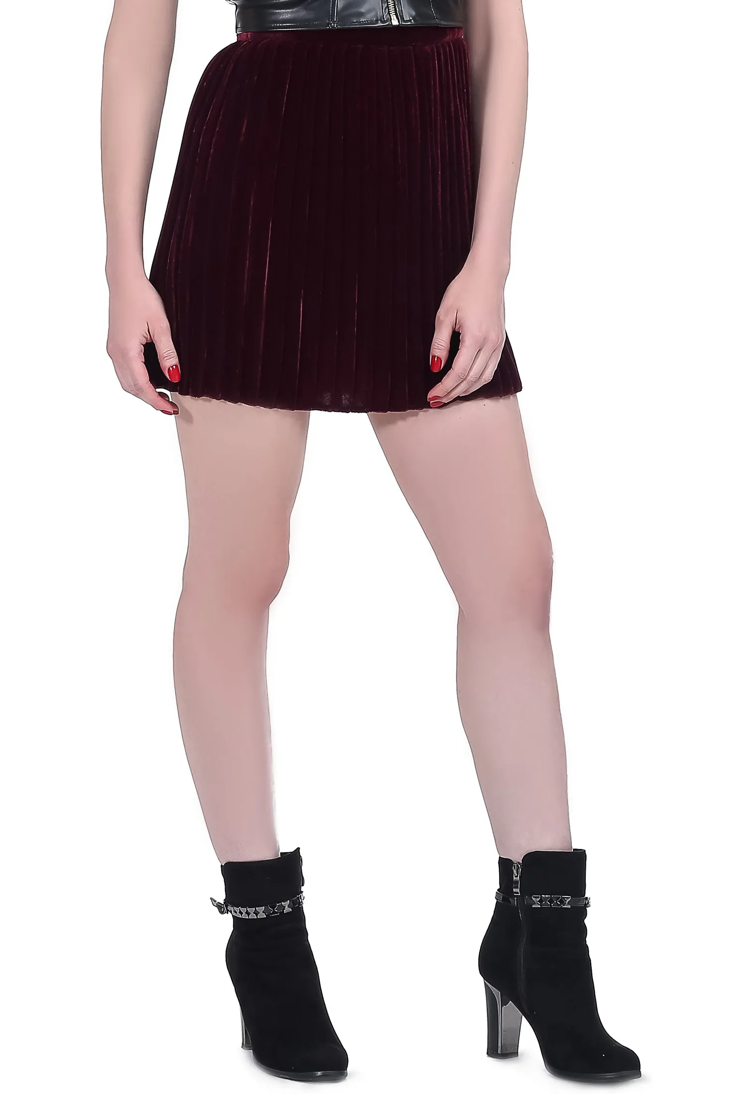 Mini Velvet Pleated Skirt - Maroon