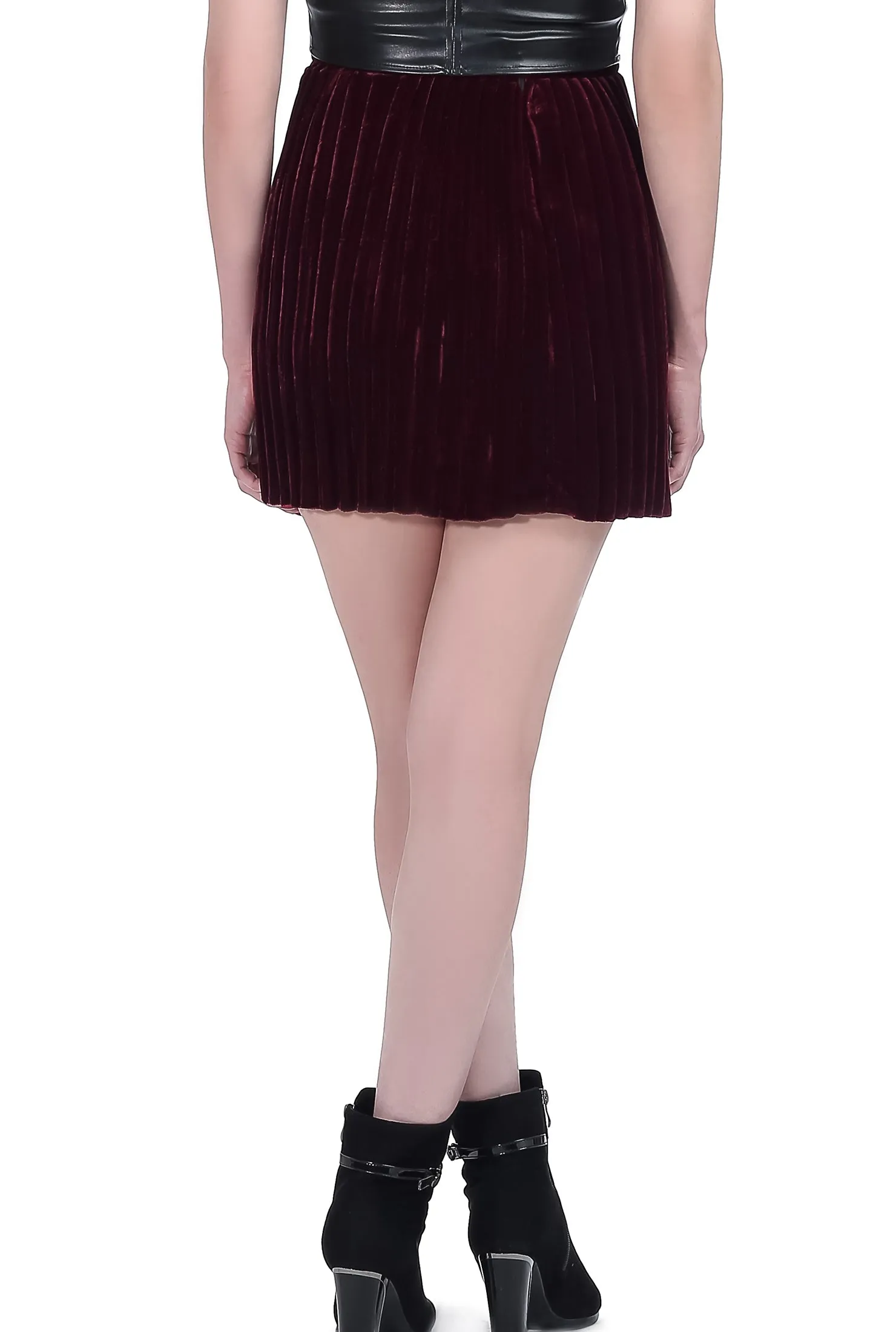 Mini Velvet Pleated Skirt - Maroon