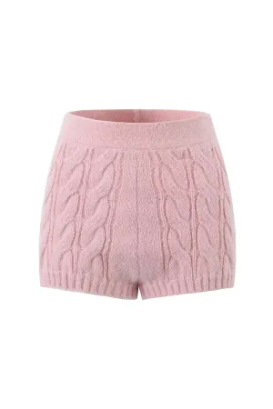 Minimalist Solid Color High Waist Ribbed Trim Cable Knit Shorts