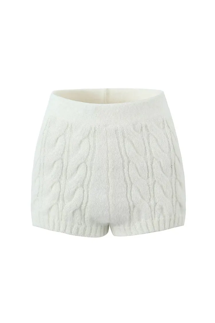 Minimalist Solid Color High Waist Ribbed Trim Cable Knit Shorts