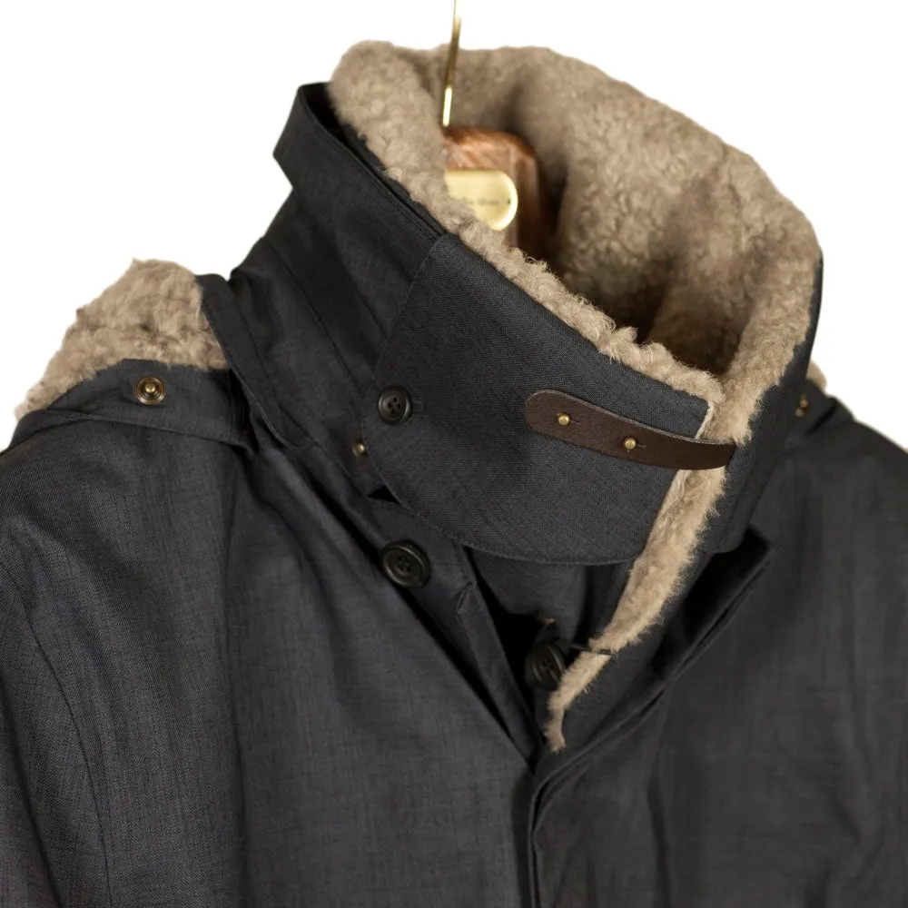 Mixed Navy Moscow raincoat with shearling collar and Arctic padded liner